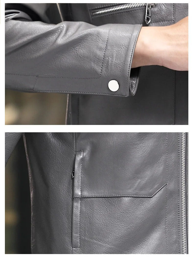 Collage showing snap cuff and hidden zipper construction details on Mercury sheepskin jacket — From Borcelleclothes.