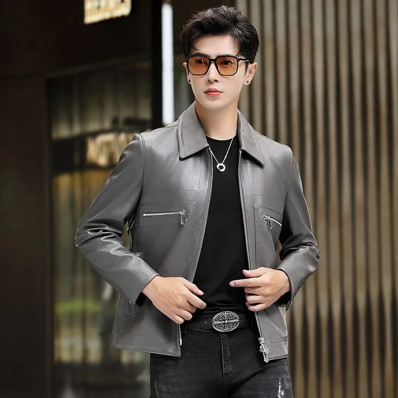 Men’s sheepskin leather jacket in Mercury — features graphic topstitching, twin chest zippers, and a clean front design shaped by flow — From Borcelleclothes.