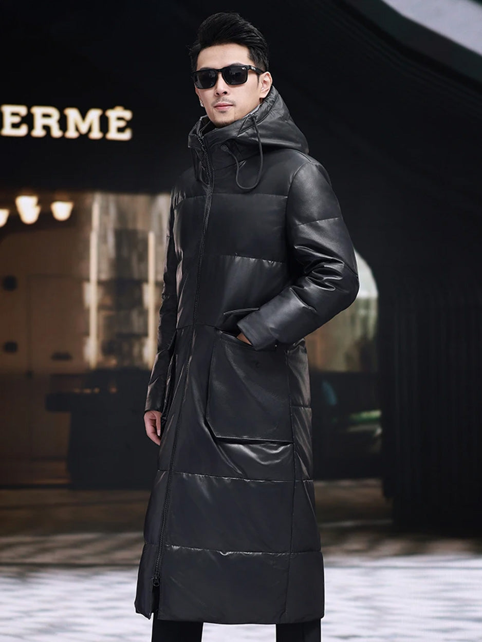 Model in Onyx cowhide down coat with hand in the extended flap cargo pocket — From Borcelleclothes.