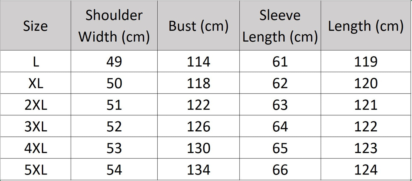 Men’s size chart for a mid-calf cowhide down coat in Onyx with sculptural collar-hood, two-way zip, curved cargo pockets, and interior leather-trimmed pockets — From Borcelleclothes.