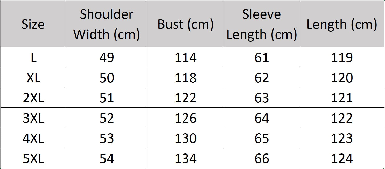 Men’s size chart for a mid-calf cowhide down coat in Onyx with sculptural collar-hood, two-way zip, curved cargo pockets, and interior leather-trimmed pockets — From Borcelleclothes.