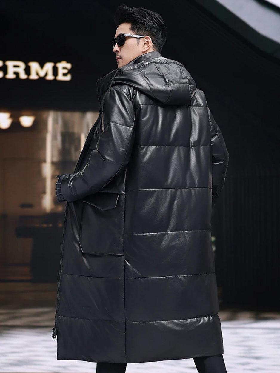 Back view of model in unzipped cowhide down coat — From Borcelleclothes.