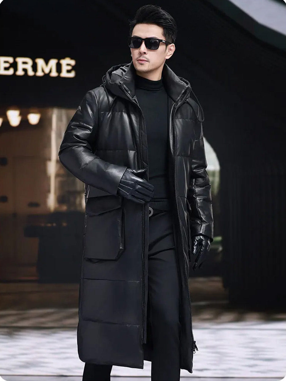 Side walking view of model in unzipped cowhide down coat, curved cargo flap pocket in motion — From Borcelleclothes.