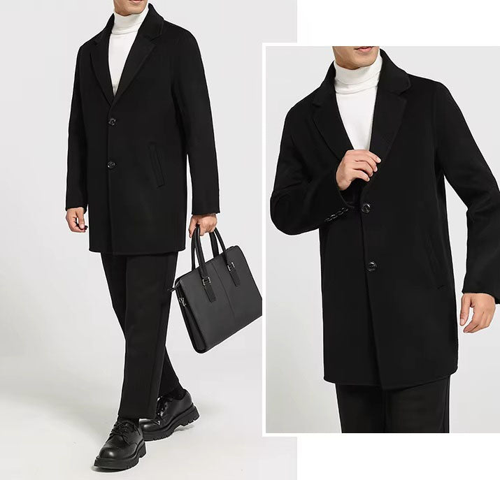 Men’s mid-length wool coat in Onyx, model holding bag and touching lapel, collage view. From Borcelleclothes.