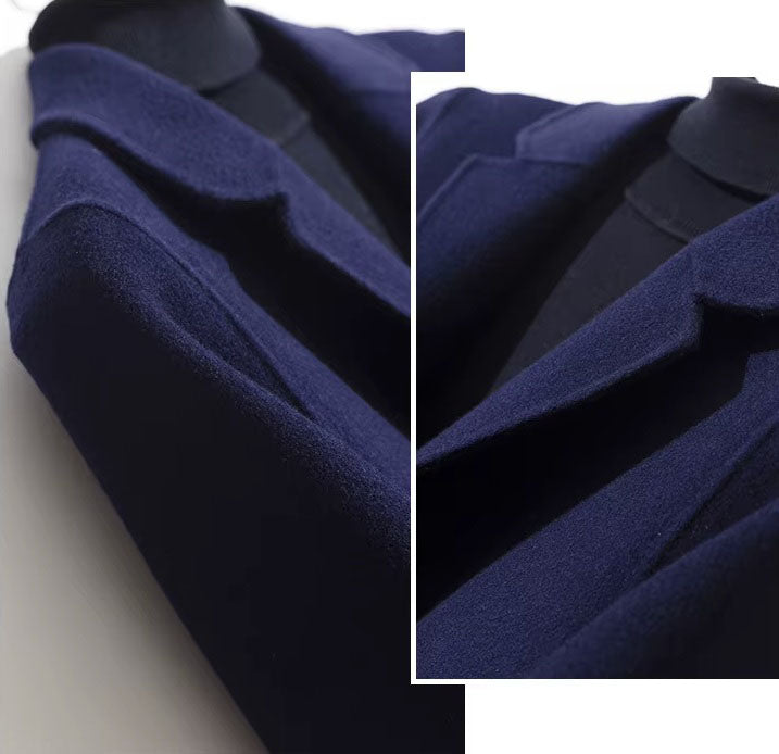 Shoulder and notch lapel detail of men’s mid-length wool coat in Paua, collage format. From Borcelleclothes.