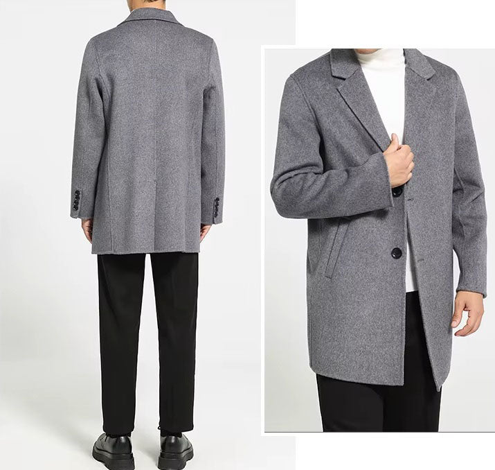 Front and back views of men’s mid-length wool coat in Topaz, collage format. From Borcelleclothes.
