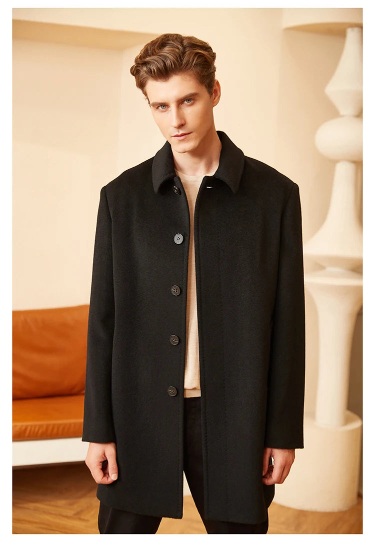 Men’s Minimalist Cashmere Coat in Zeus, with the model standing straight, hands at sides, accentuating the clean lines and sharp tailoring. From Borcelleclothes.
