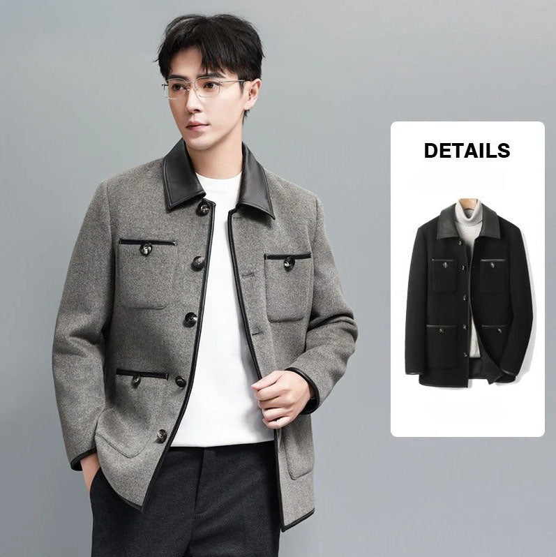 Concord color men’s minimalist motif wool-cashmere coat, model touching front side, with Onyx coat collage — From Borcelleclothes.