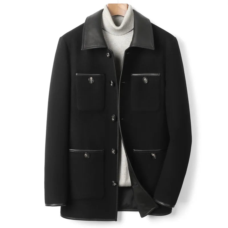 Men’s minimalist motif wool-cashmere coat in Onyx, with leather collar, horn buttons, and four symmetrically placed pockets — from Borcelleclothes.
