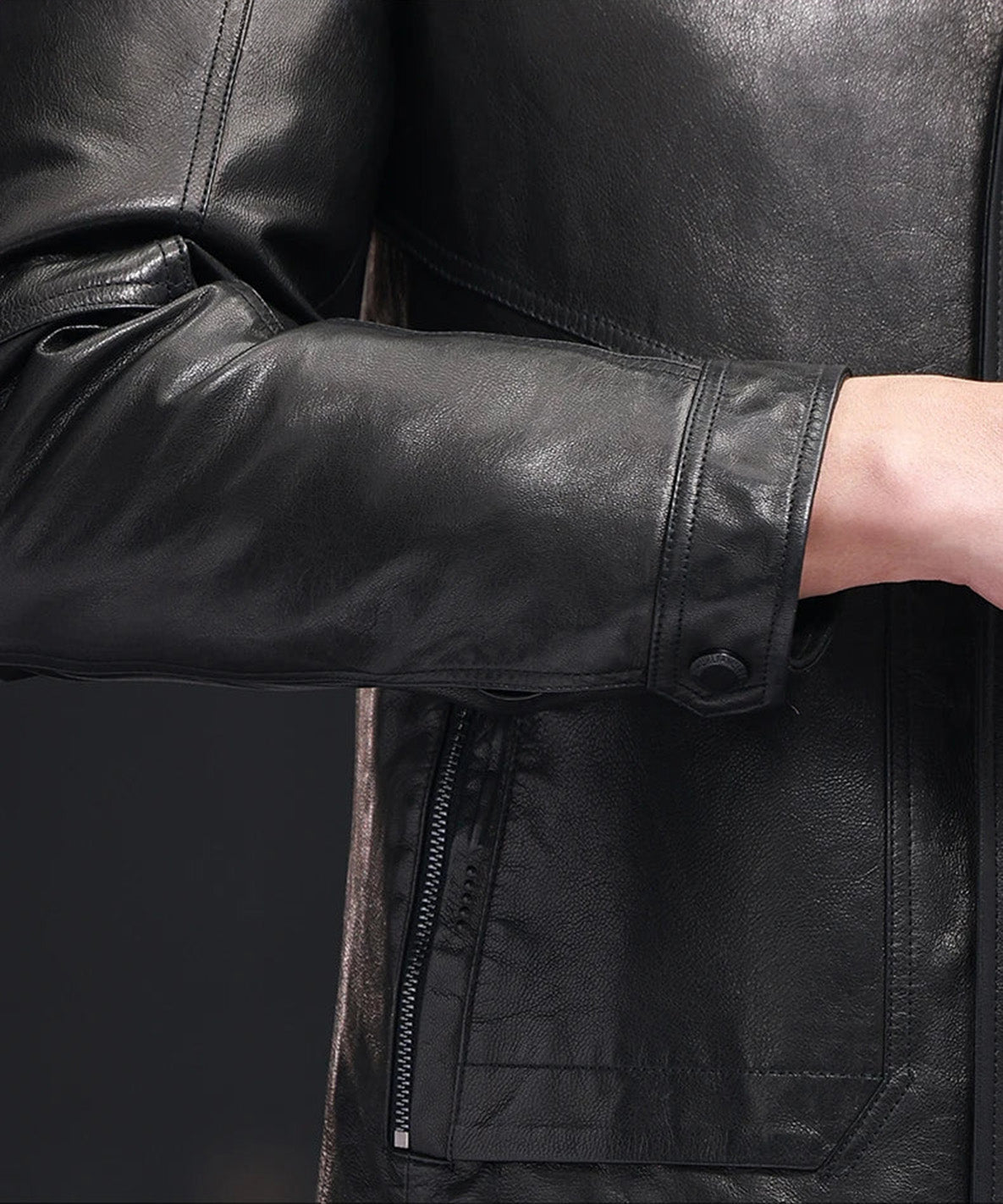 Cuff detail of goatskin jacket in Onyx, showing refined finish — From Borcelleclothes.