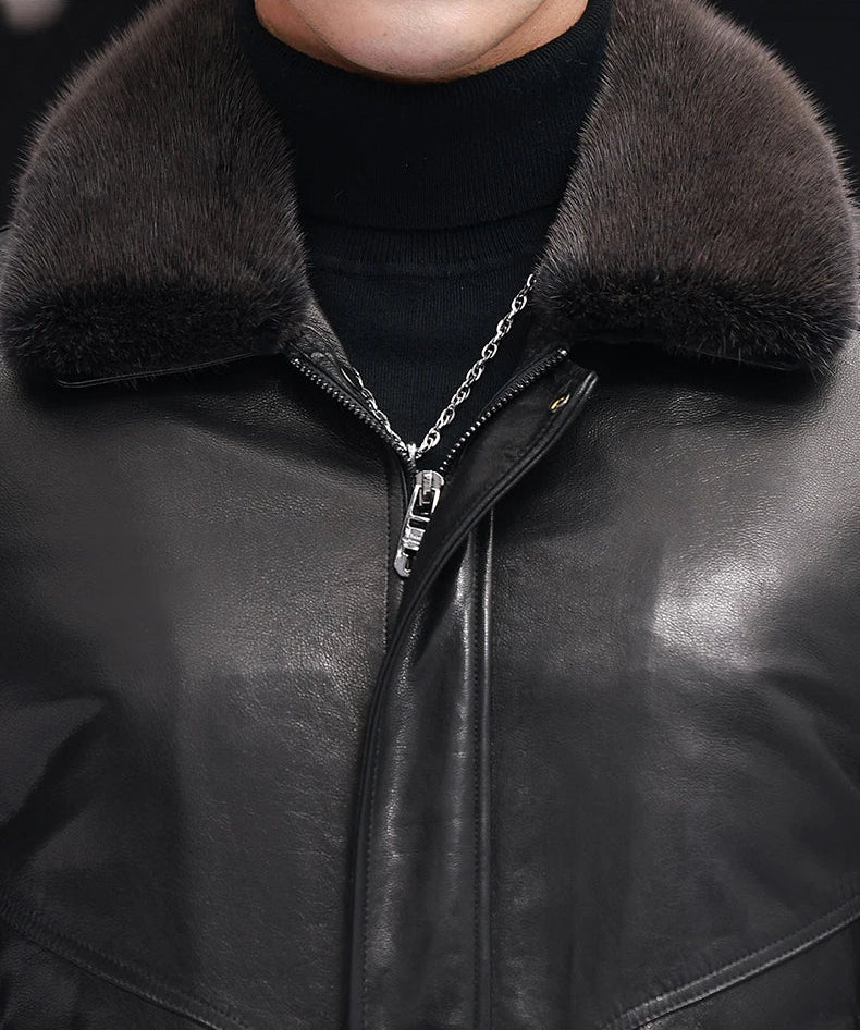 Close-up of front mink collar on goatskin jacket in Onyx — From Borcelleclothes.