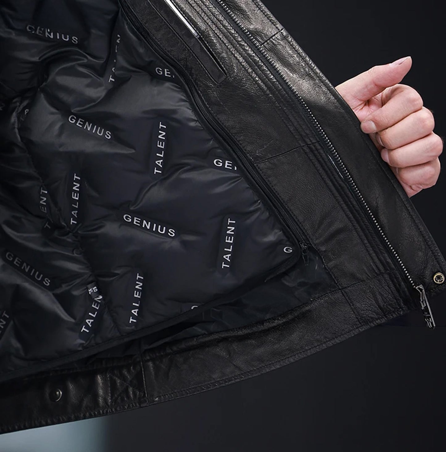 Lining detail of goatskin jacket with visible insulation structure — From Borcelleclothes.