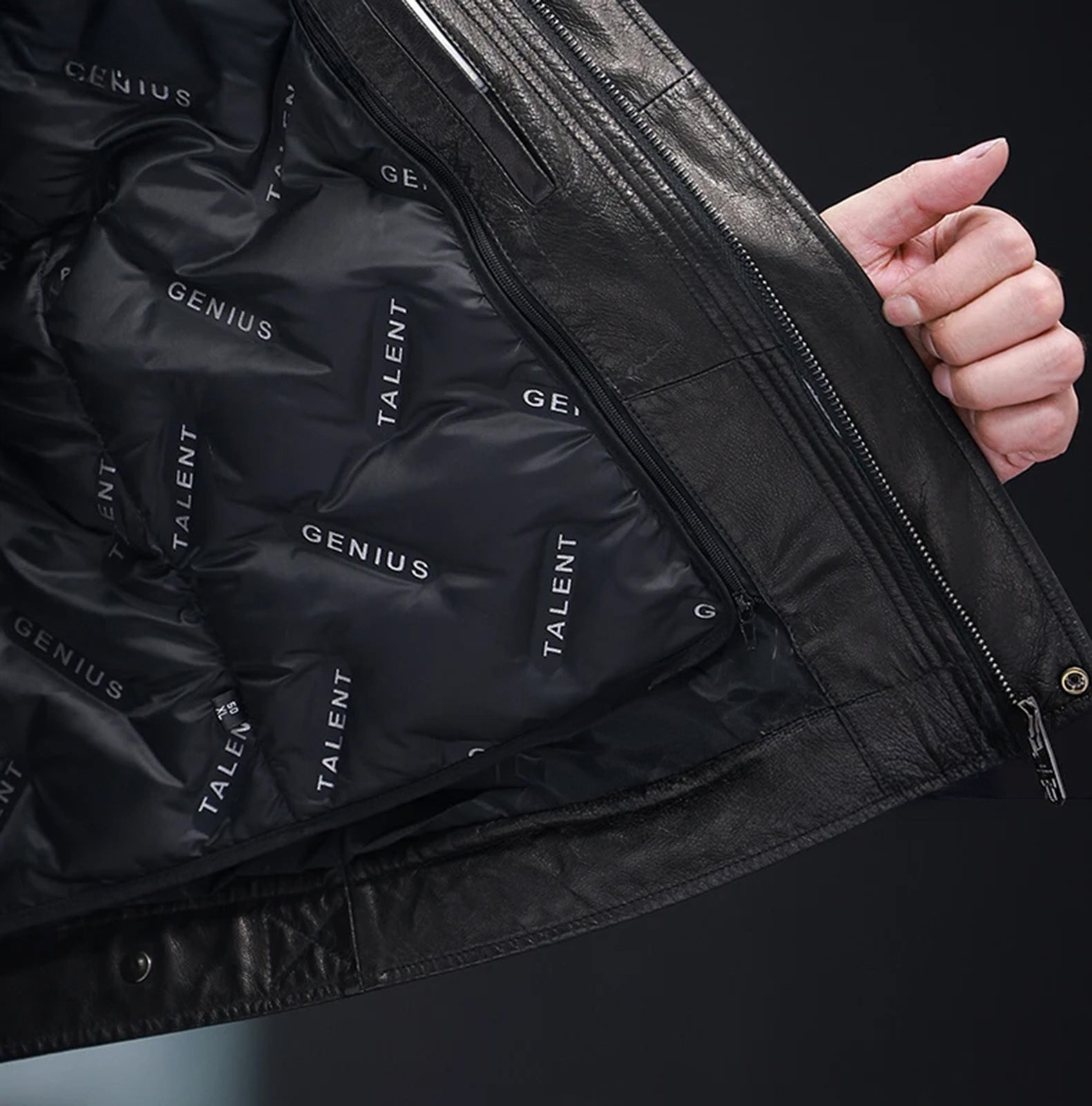 Lining detail of goatskin jacket with visible insulation structure — From Borcelleclothes.