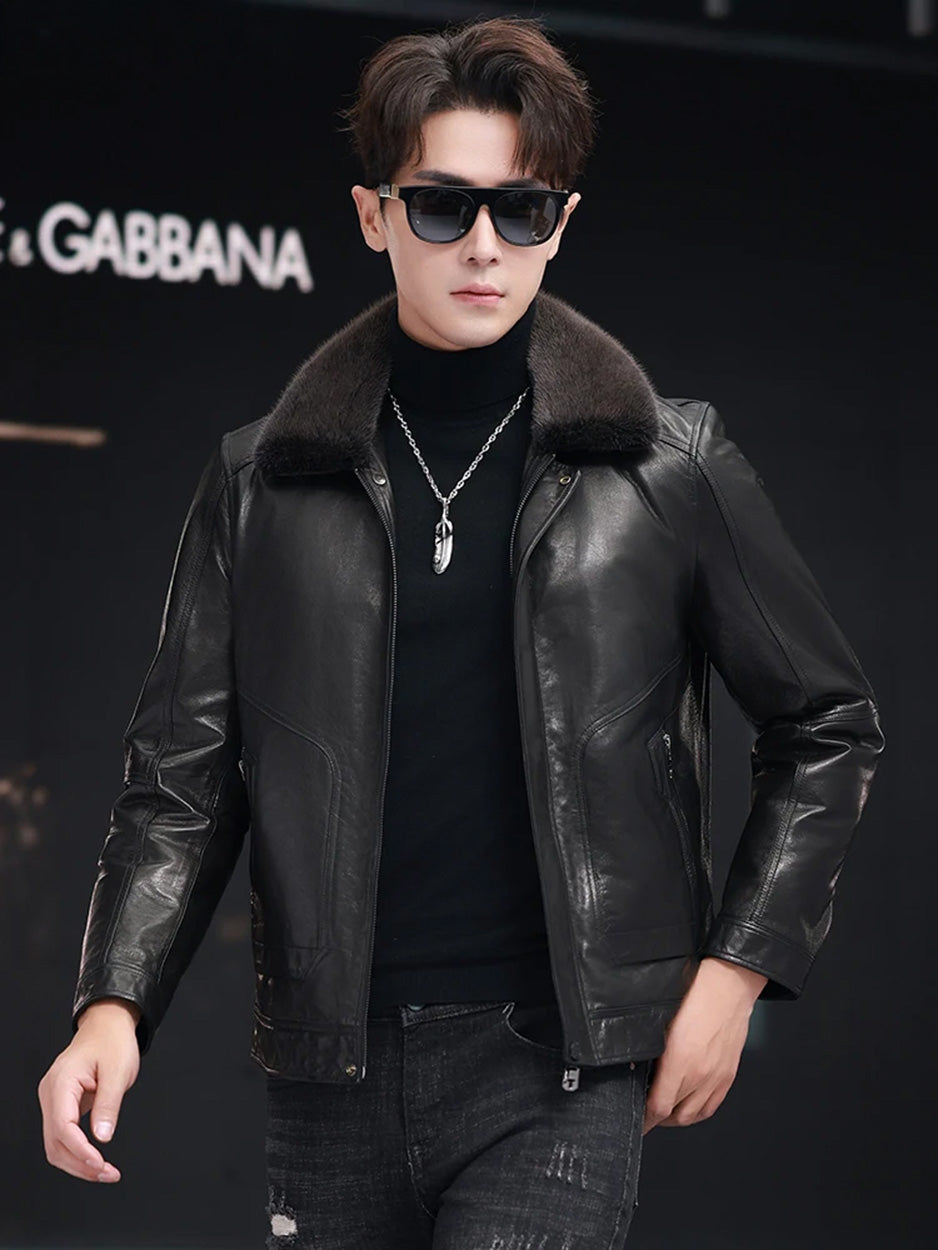 Man in motion wearing goatskin jacket with mink collar in Onyx — From Borcelleclothes.