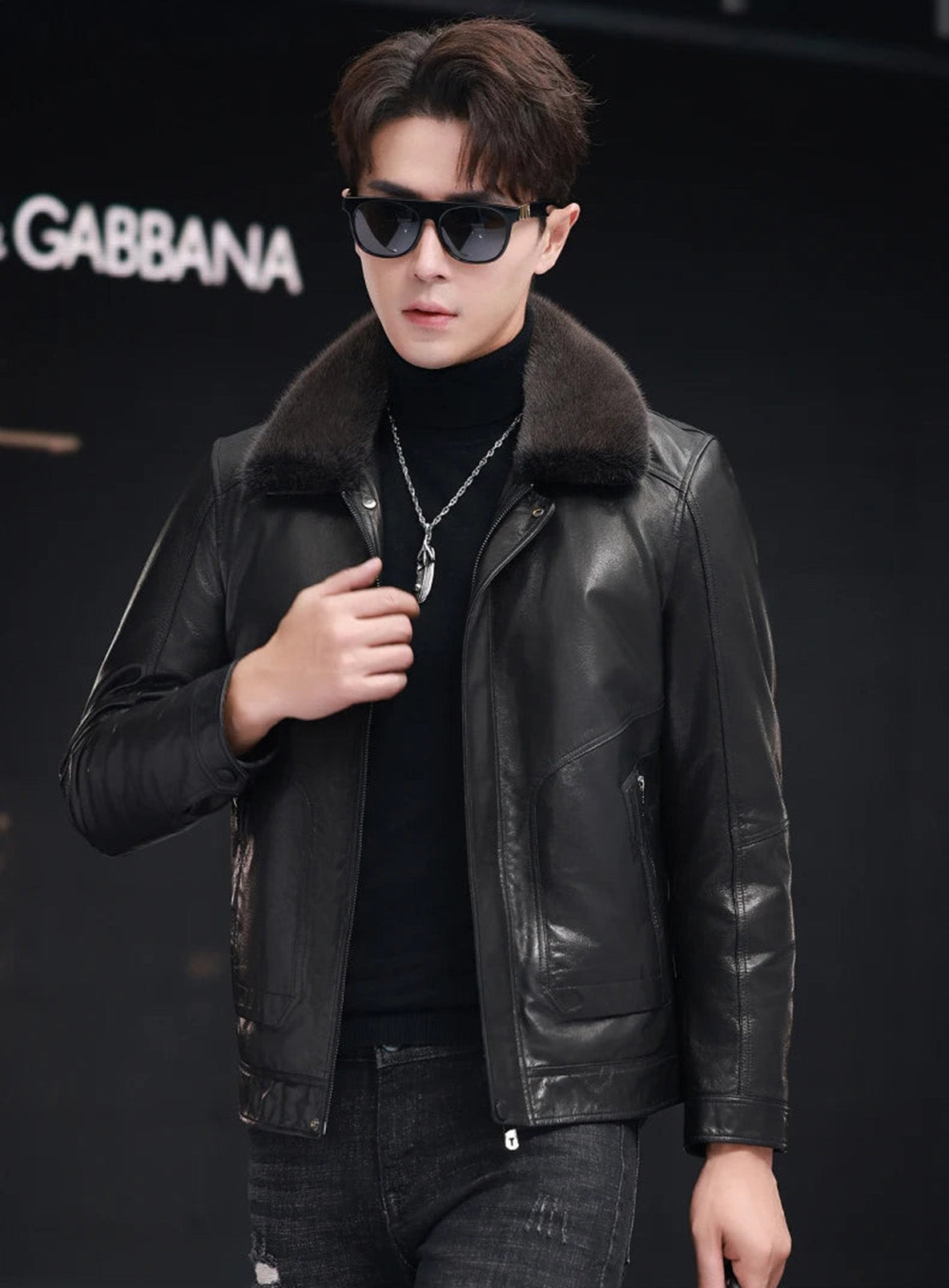 Man walking in profile, goatskin jacket unzipped to show relaxed movement — From Borcelleclothes.