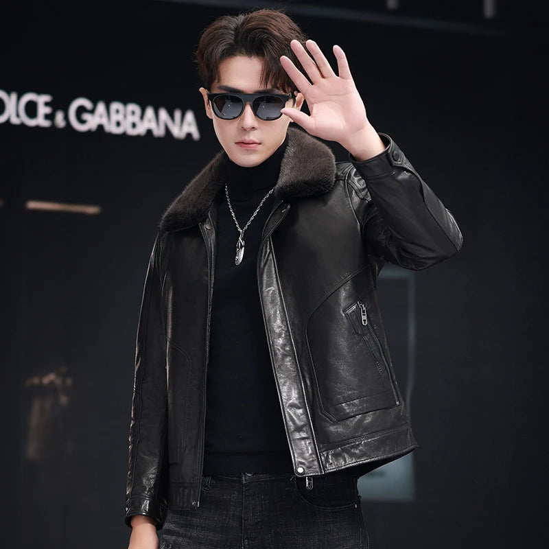Men’s goatskin leather jacket with mink collar, integrated zipped pockets and structured silhouette — From Borcelleclothes.
