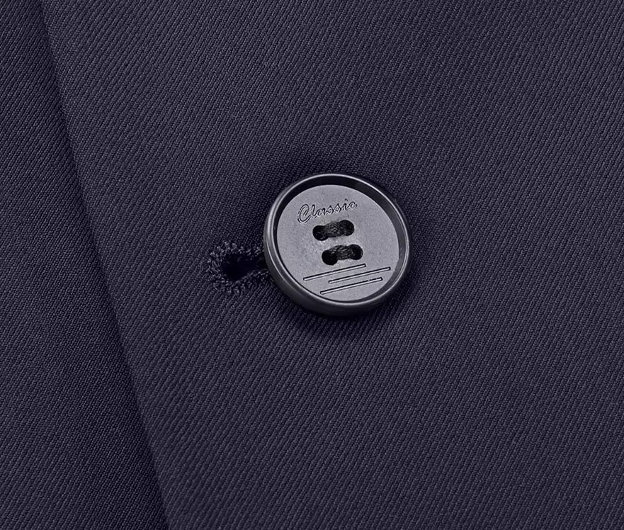 The blazer button on the Borcelleclothes Men's Modern Gentleman’s Ebony Clay Suit, showcasing its fine detailing and elegant design.