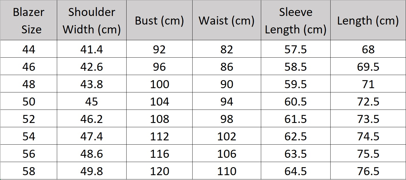 Size chart for the blazer of the Borcelleclothes Men's Modern Gentleman’s Ebony Clay Suit, detailing measurements for a perfect tailored fit.