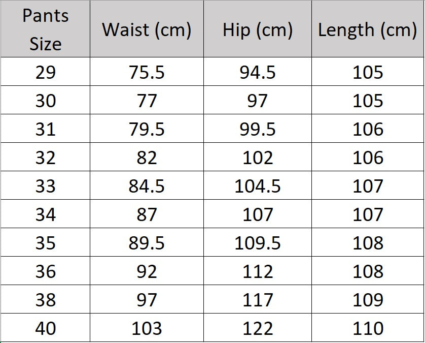 Size chart for the pants of the Borcelleclothes Men's Modern Gentleman’s Ebony Clay Suit, providing precise measurements for an ideal fit.