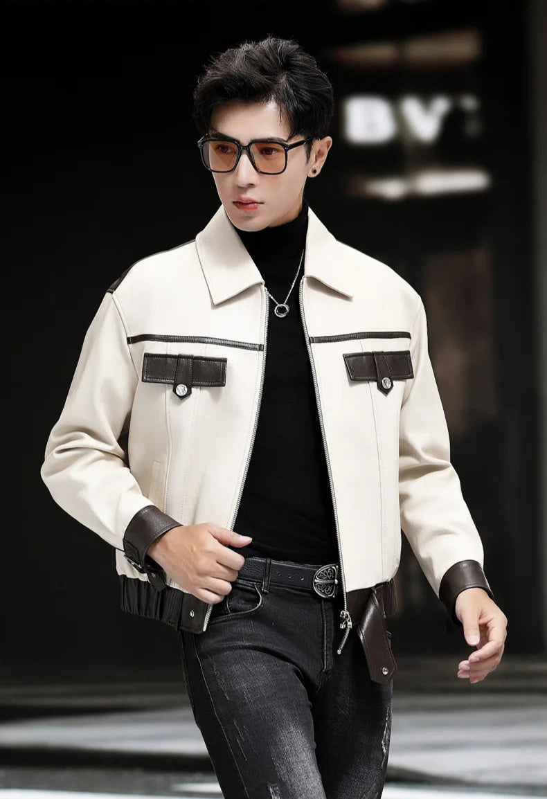 Unzipped Moto DNA sheepskin jacket in Alabaster Oil, model walking sideways — From Borcelleclothes.