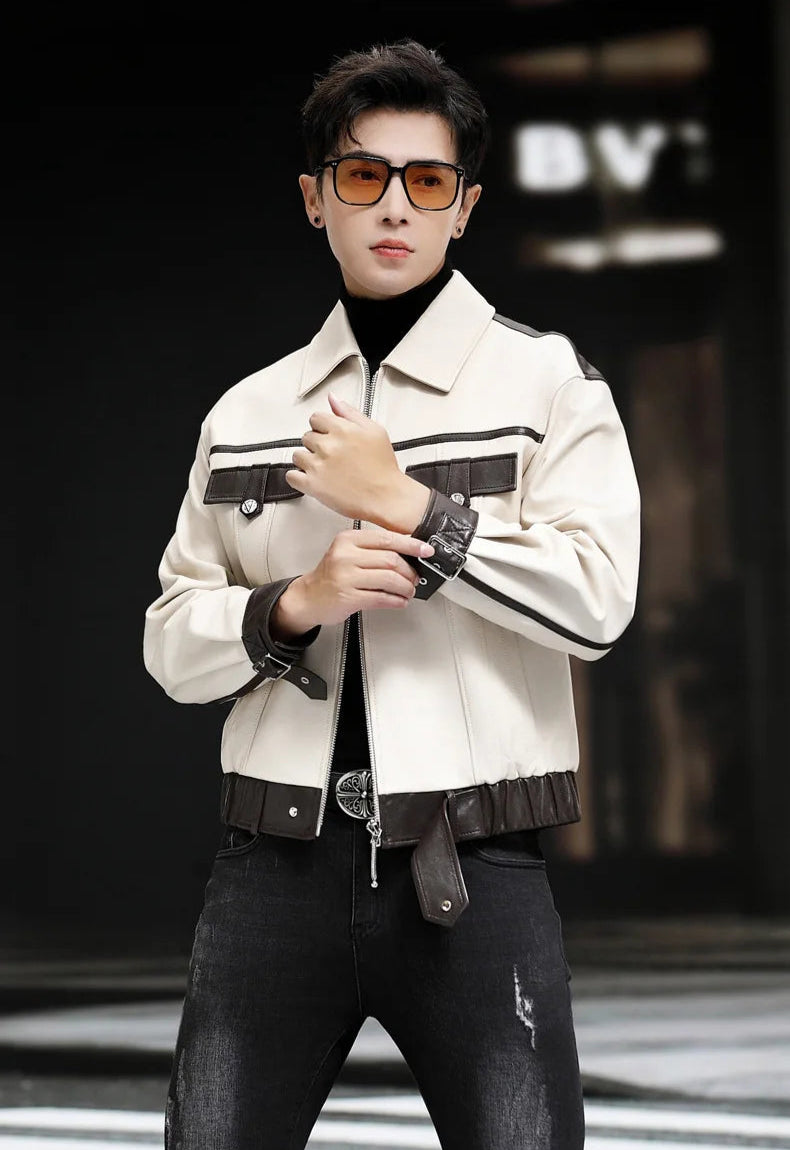 Model adjusting cuff of Moto DNA sheepskin jacket in Alabaster Oil — From Borcelleclothes.