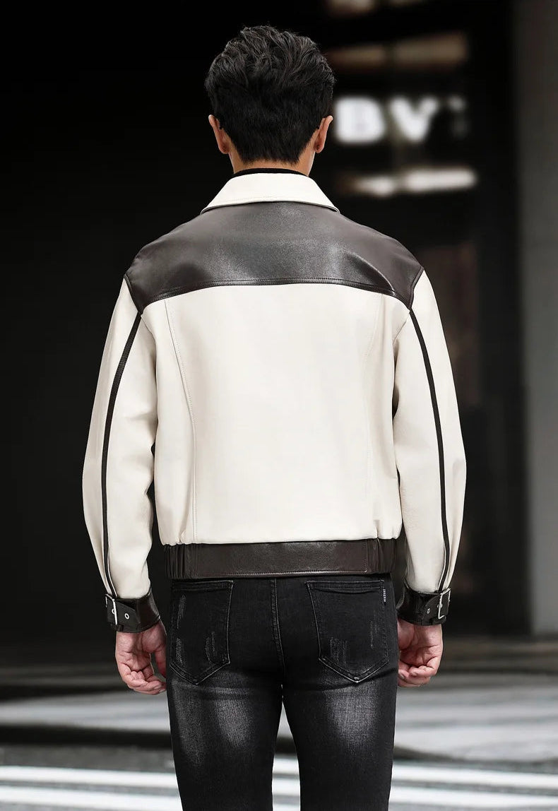 Back view of men’s Moto DNA sheepskin jacket in Alabaster Oil — From Borcelleclothes.