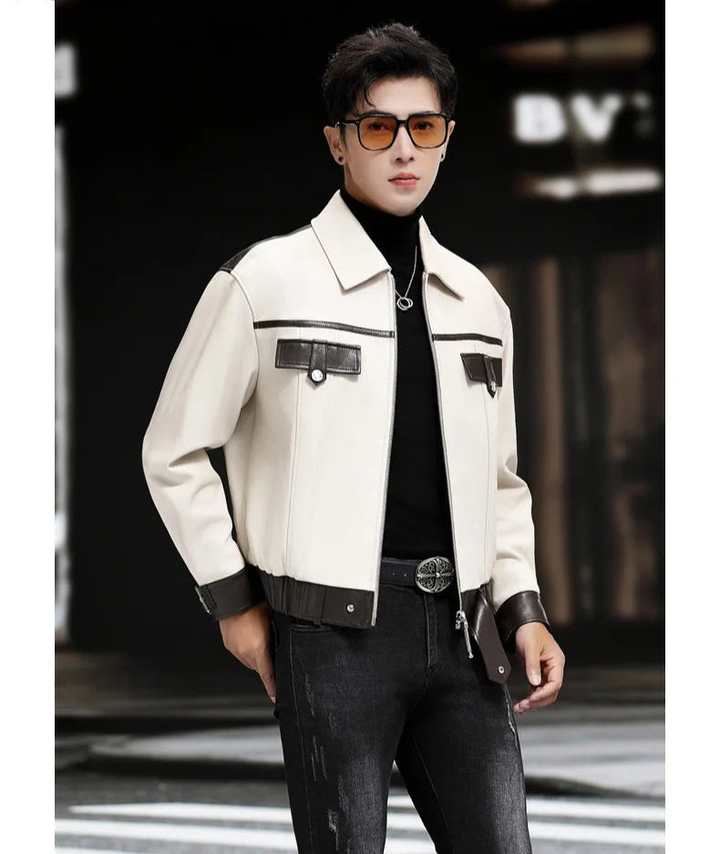 Model with hand behind back wearing Moto DNA sheepskin jacket in Alabaster Oil — From Borcelleclothes.