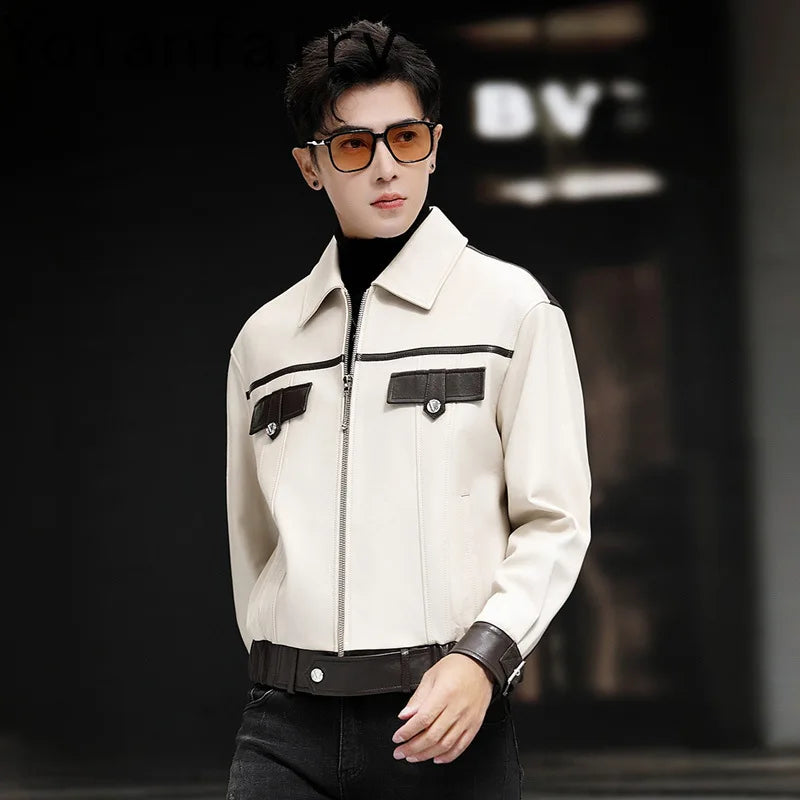 Model in motion wearing men’s Moto DNA sheepskin jacket in Alabaster Oil — From Borcelleclothes.