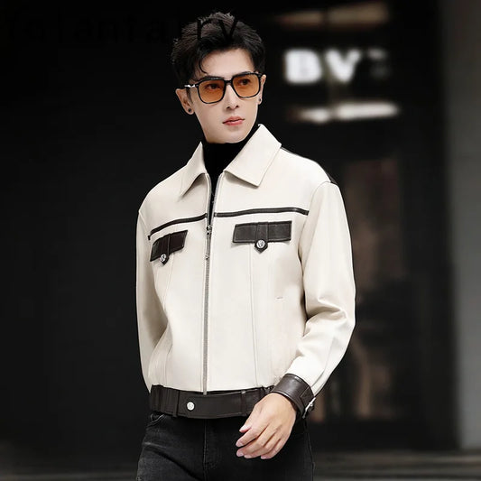 Model in motion wearing men’s Moto DNA sheepskin jacket in Alabaster Oil — From Borcelleclothes.