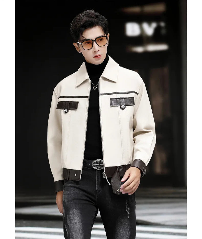 Front view of men’s Moto DNA sheepskin jacket in Alabaster Oil, model walking forward — From Borcelleclothes.