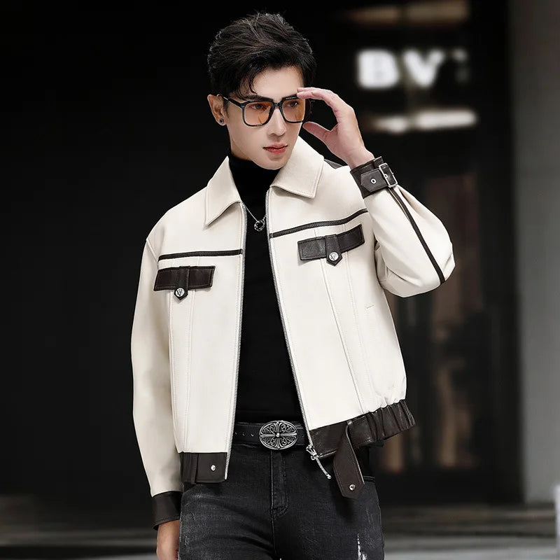 Men’s sheepskin moto-inspired jacket in Alabaster & Oil, with cropped silhouette, contrast trims, metal accents, and broad collar — From Borcelleclothes.