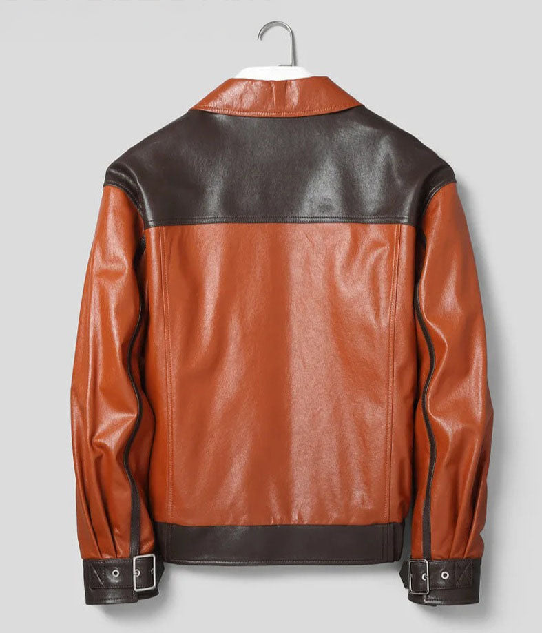 Back view of Moto DNA sheepskin jacket in Cognac and Black Coffee — From Borcelleclothes.