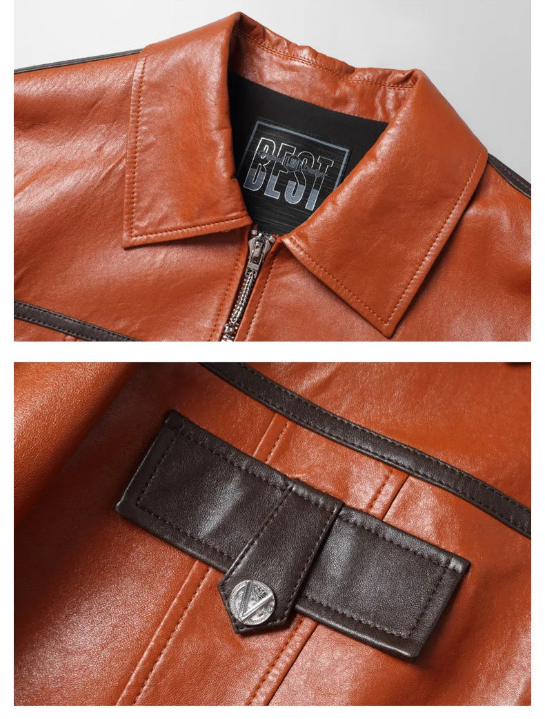 Collage detail of collar and flap on Moto DNA sheepskin jacket in Cognac and Black Coffee — From Borcelleclothes.