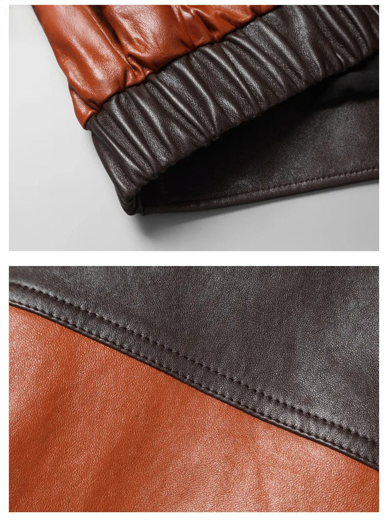 Collage showing elasticated bottom and back yoke detail of Moto DNA jacket in Cognac and Black Coffee — From Borcelleclothes.