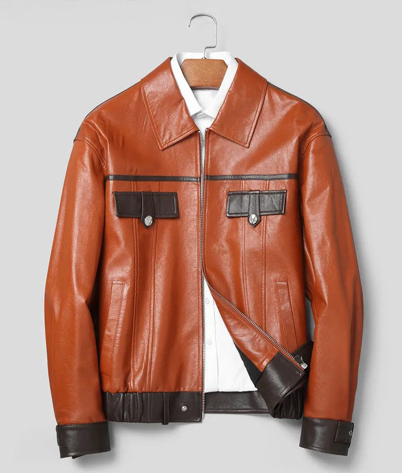 Front view of men’s Moto DNA sheepskin jacket in Cognac and Black Coffee — From Borcelleclothes.