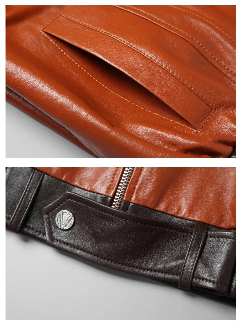 Collage detail of welt pocket, bottom edge, and snap tab on Moto DNA jacket in Cognac and Black Coffee — From Borcelleclothes.