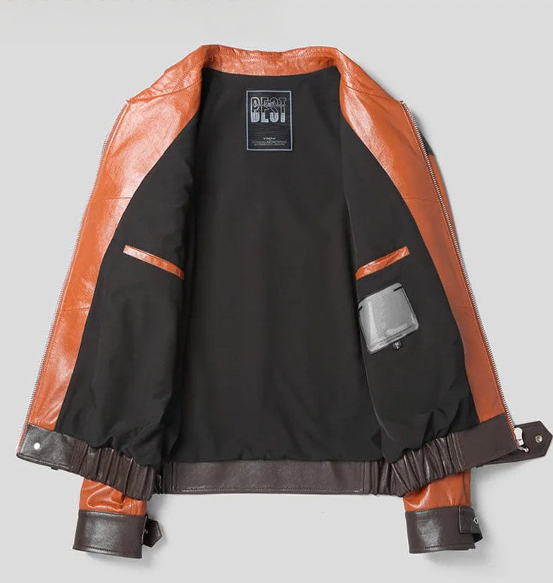 Unfolded front view showing interior lining of Moto DNA sheepskin jacket in Cognac and Black Coffee — From Borcelleclothes.
