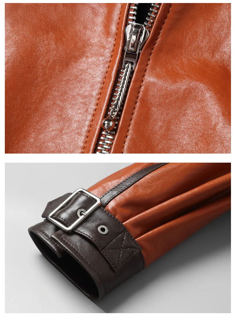 Collage showing zipper pull and cuff buckle details of Moto DNA jacket in Cognac and Black Coffee — From Borcelleclothes.
