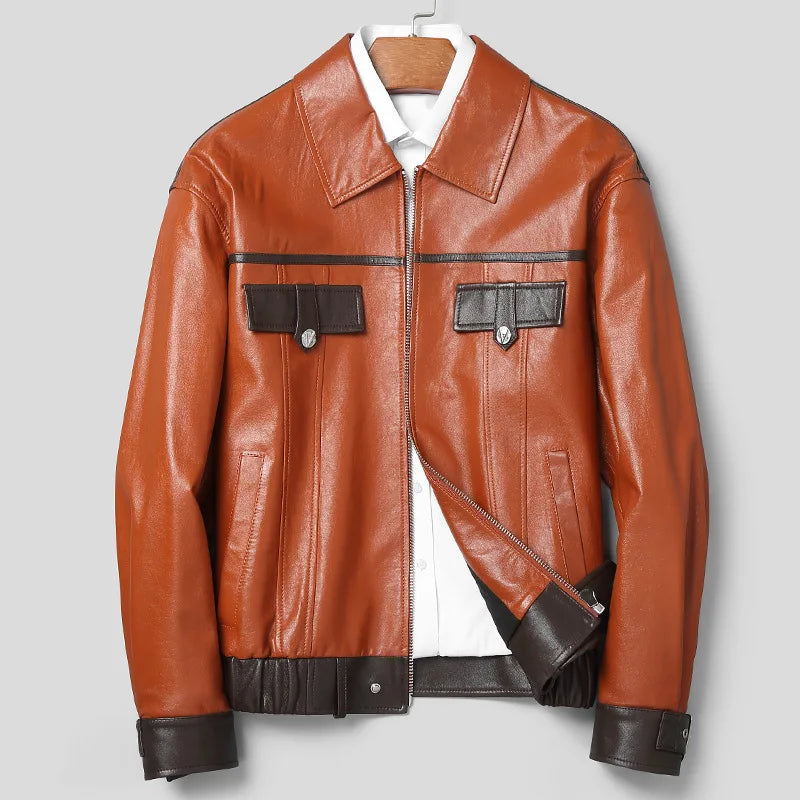 Men’s sheepskin moto-inspired jacket in Cognac & Black Coffee, with cropped silhouette, contrast trims, metal accents, and broad collar — From Borcelleclothes.
