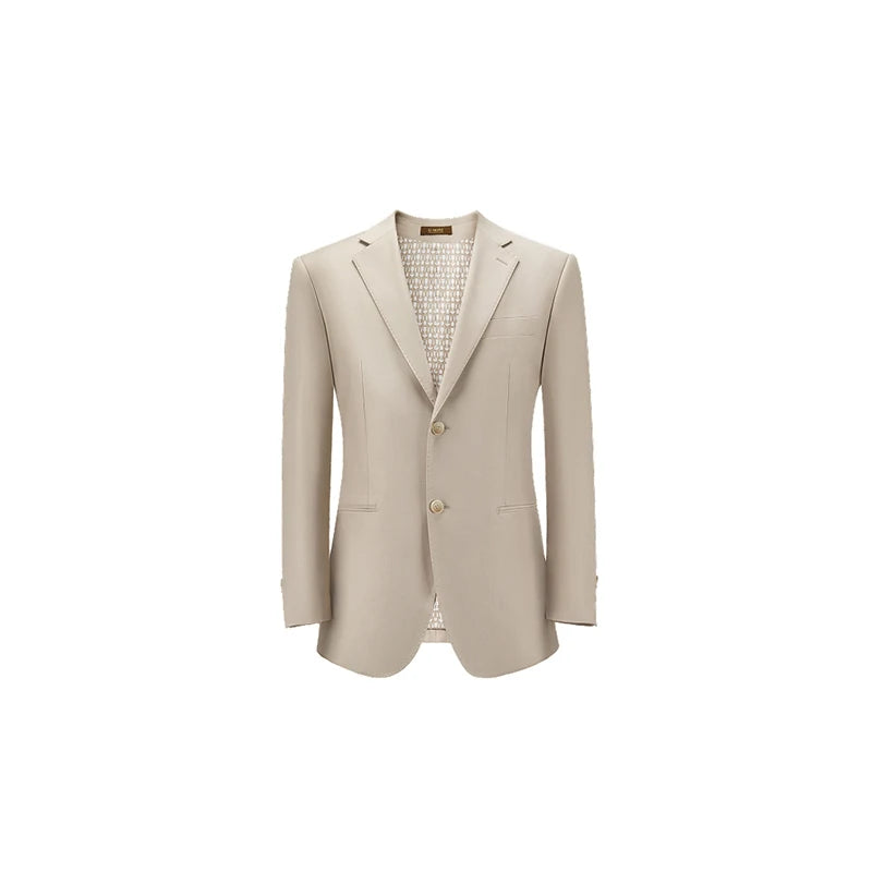 Front view of the single-breasted Ash blazer with notch lapels and horn buttons. From Borcelleclothes.