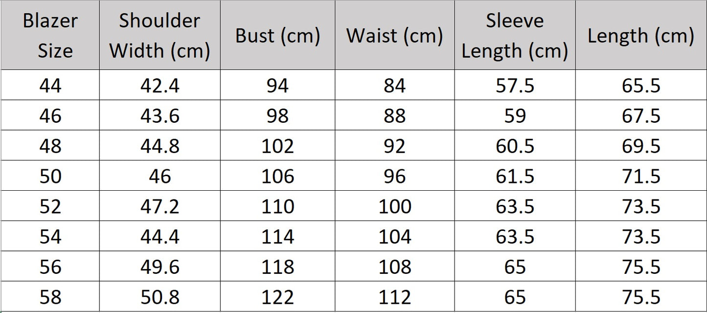 Men’s size chart for a blazer of the notched lapel suit in Ash — featuring a single-breasted blazer with horn buttons, matching straight-leg trousers, and an optional vest, all tailored in a refined viscose blend. From Borcelleclothes.