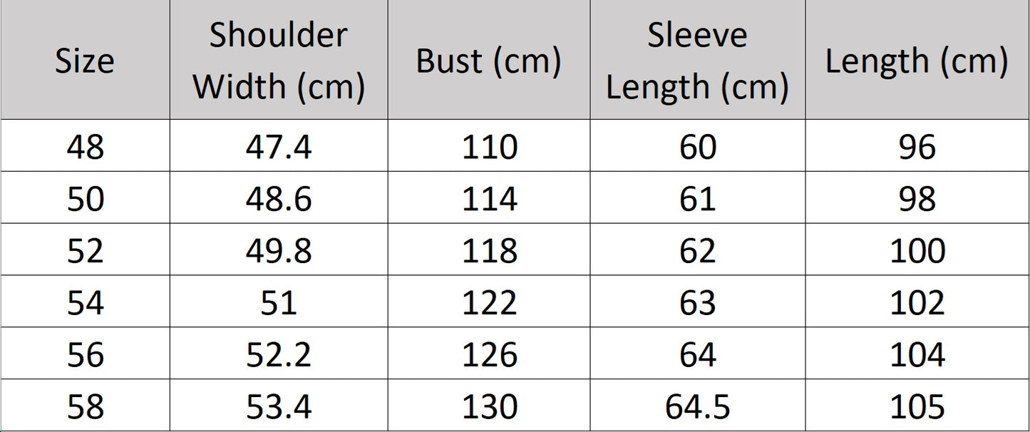 Men’s size chart for an Onyx cowhide leather trench coat with grain texture, double-breasted front, storm flaps, belt, and back vent — From Borcelleclothes.