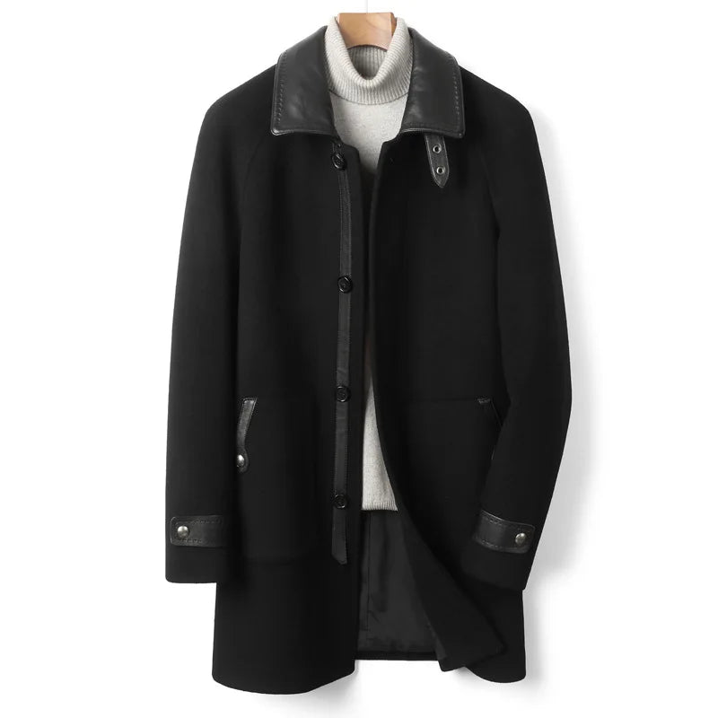 Men’s Onyx wool-cashmere coat with raglan sleeves and leather accents on collar, placket, and cuffs. From Borcelleclothes.