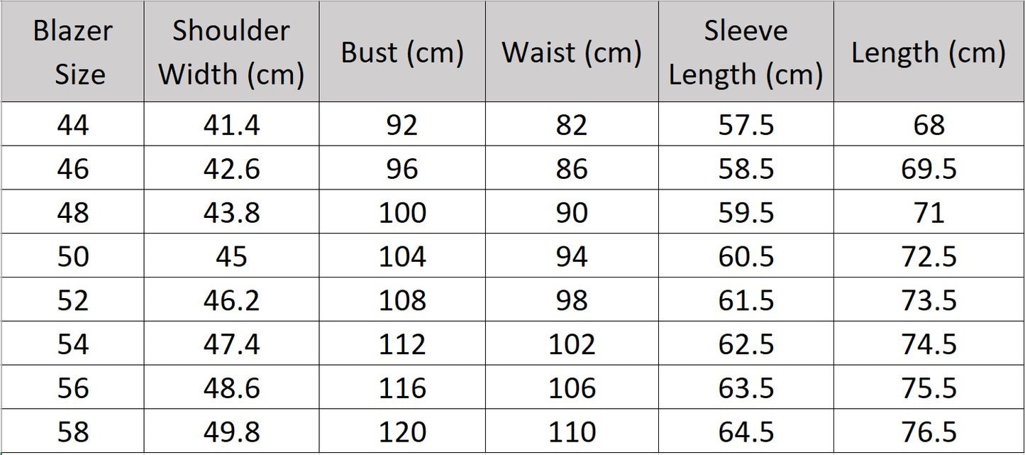 Men’s size chart for a blazer of the Onyx wool-blend suit featuring a single-breasted blazer with notch lapels, a buttonhole detail, and pleated trousers with side adjusters. From Borcelleclothes.