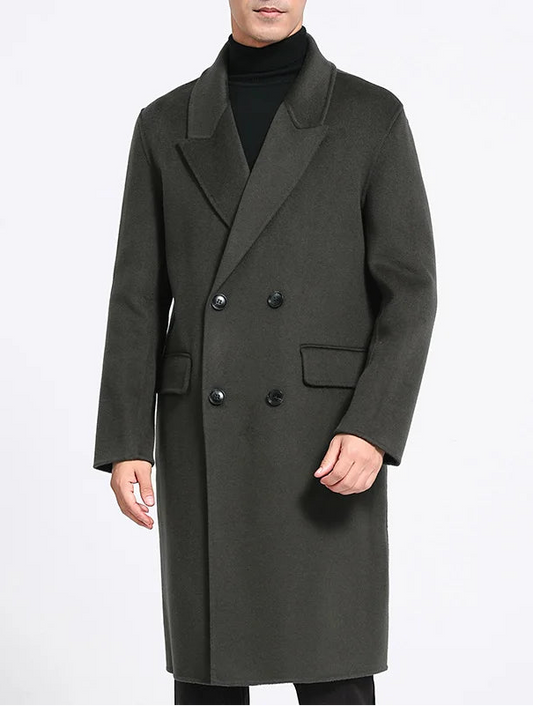 Men’s double-breasted wool coat with peaked lapels in Tautara—crafted for silence, weight, and enduring presence. From Borcelleclothes.