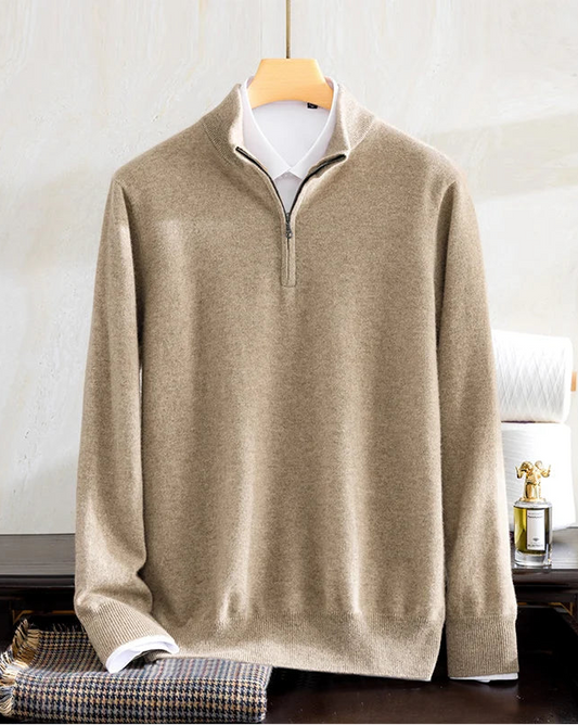 Draping of a Men’s plain stitch cashmere sweater in Sandrift, featuring a classic silhouette, made from 100% cashmere — a quiet statement of presence and reliability. — From Borcelleclothes.