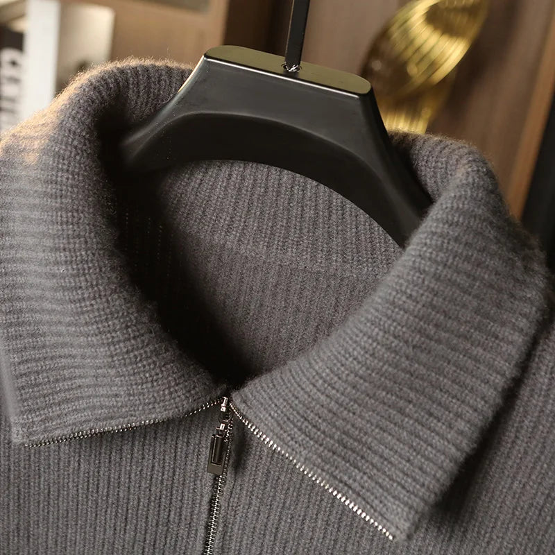 Close-up of the sharp pointed collar and zipper detail on the Concord grey men’s cashmere cardigan — From Borcelleclothes.