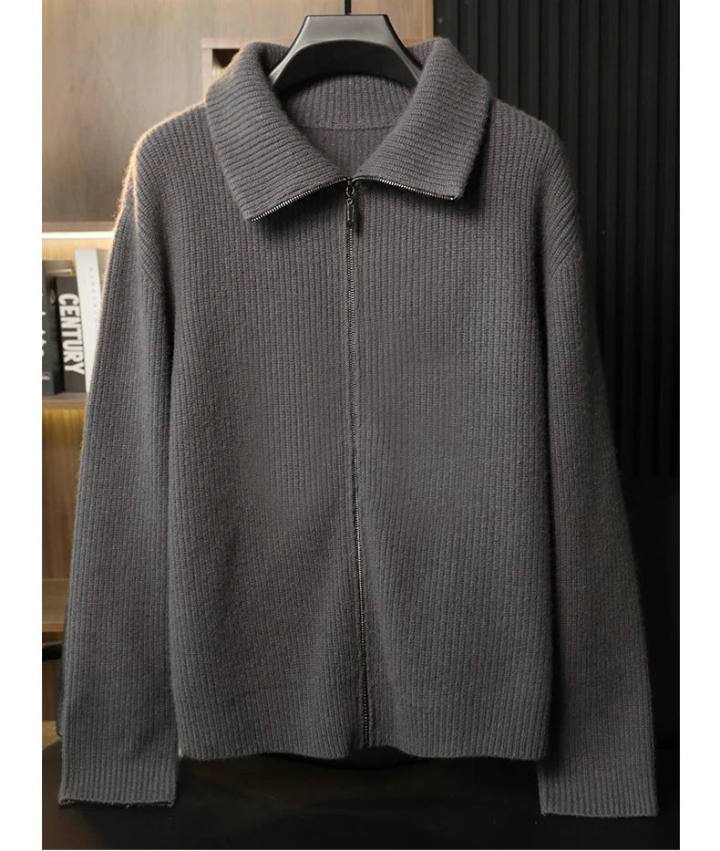 Men’s pointed collar cashmere cardigan in Concord grey, shown on hanger — From Borcelleclothes.