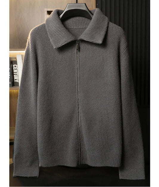 Men’s pointed collar cashmere cardigan in Concord grey, shown on hanger — From Borcelleclothes.