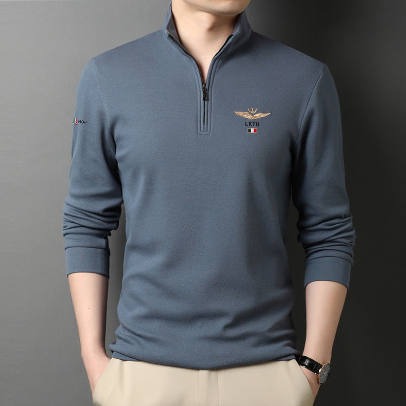 Men's pale sky cotton polo shirt with subtle embroidery, long sleeves, and a stand-up zippered collar from Borcelleclothes.